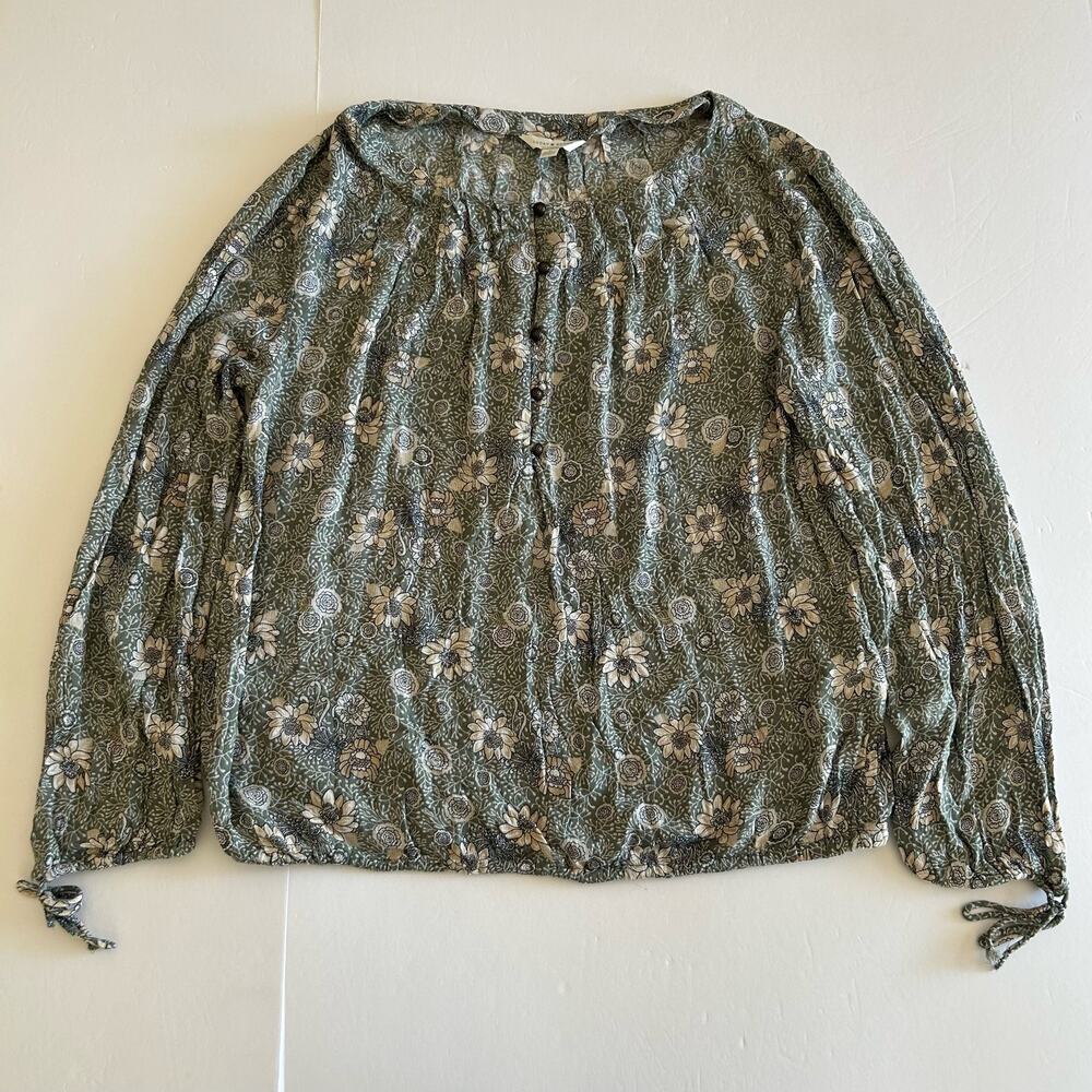 Lucky Brand Women's Green Floral Printed Lightweight Long Sleeve Blouse Medium